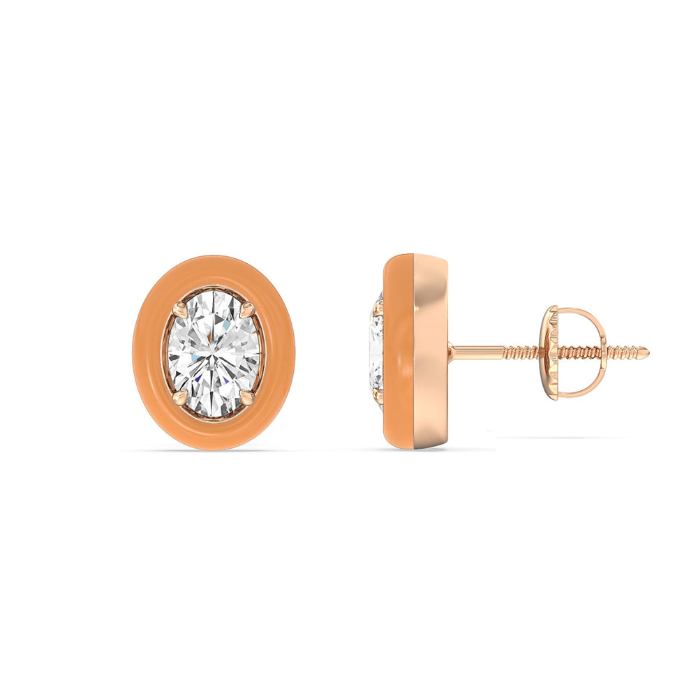 Oval Bezel Studs in Ceramic with 14KT Rose Gold / Coral / 1/2 Cut Diamond in 14KT Rose Gold / Coral / 1/2 view 2
