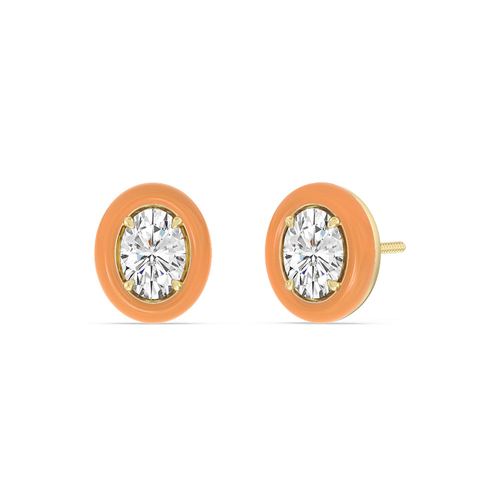Oval Bezel Studs in Ceramic with 14KT Yellow Gold / Coral / 1/2 Cut Diamond in 14KT Yellow Gold / Coral / 1/2 view 1
