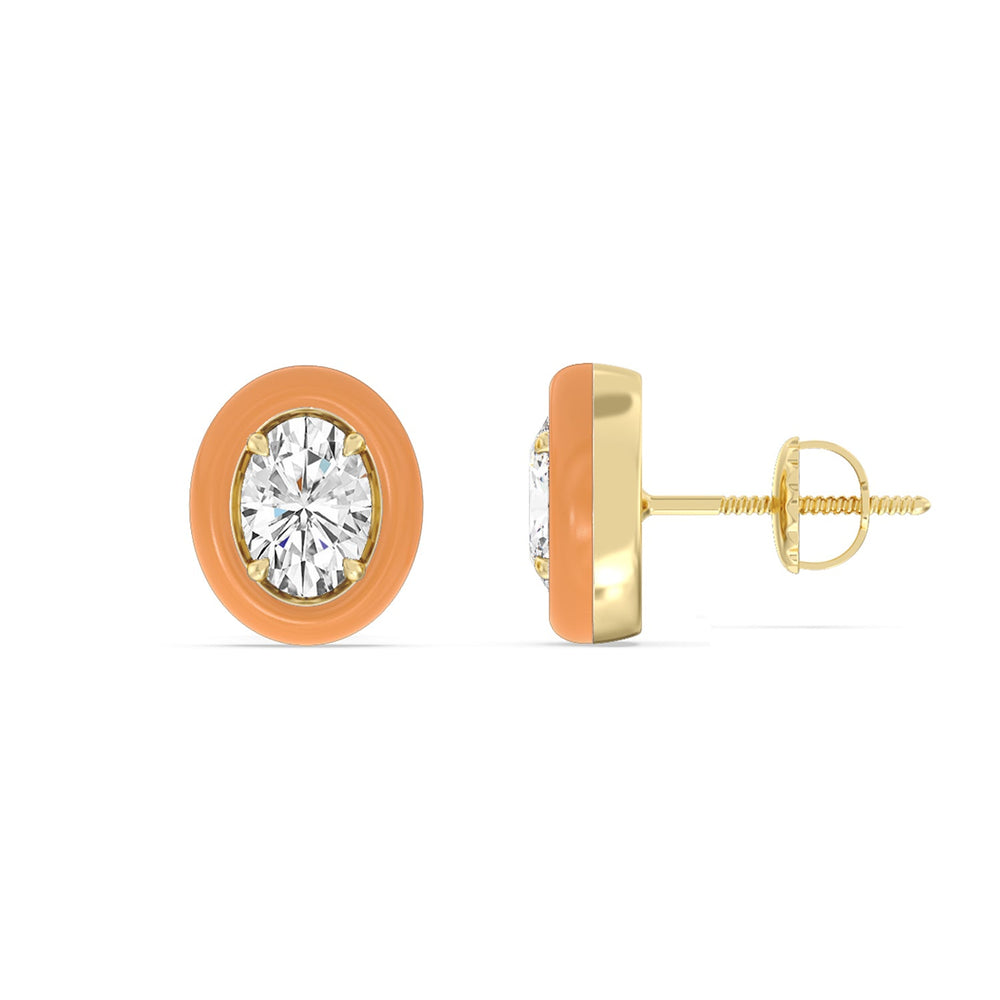 Oval Bezel Studs in Ceramic with 14KT Yellow Gold / Coral / 1/2 Cut Diamond in 14KT Yellow Gold / Coral / 1/2 view 2
