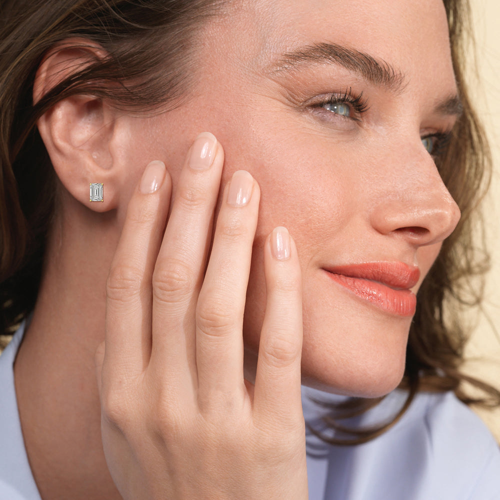 Classic Emerald Stud Earrings (F/G VS+) with 14KT Yellow Gold / Lab / 2 Cut Diamond in 14KT Yellow Gold / Lab / 2 view 3
