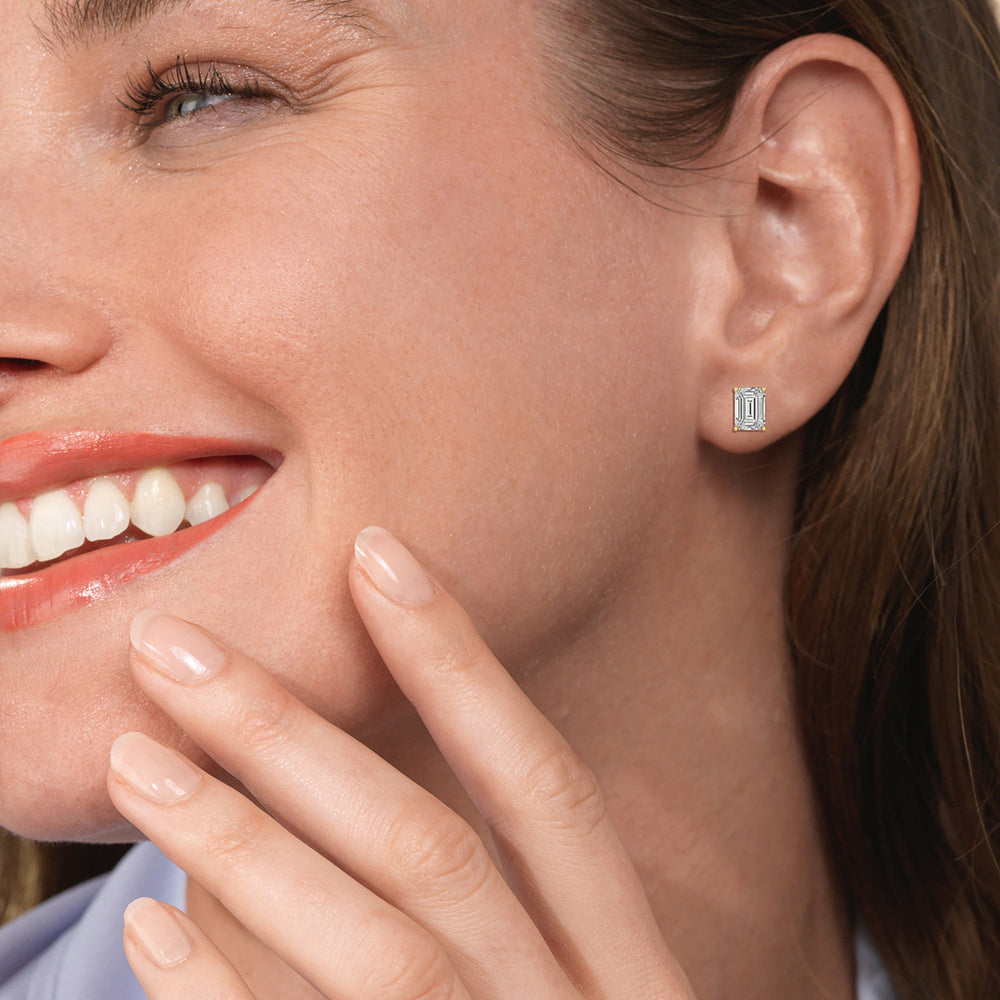 Classic Emerald Stud Earrings (F/G VS+) with 14KT White Gold / Lab / 2 Cut Diamond in 14KT White Gold / Lab / 2 view 2
