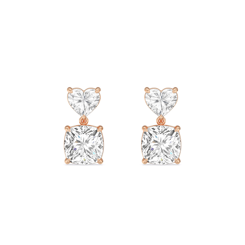 Elegance Heart and Cushion Drop Studs with 18KT Rose Gold / Lab / 2 Cut Diamond in 14KT Rose Gold / Lab / 2 view 2
