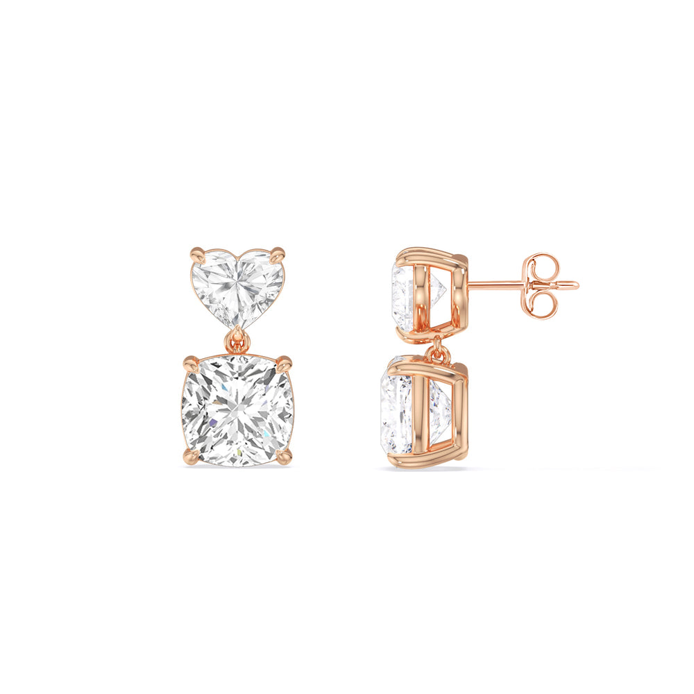 Elegance Heart and Cushion Drop Studs with 18KT Rose Gold / Lab / 2 Cut Diamond in 14KT Rose Gold / Lab / 2 view 3
