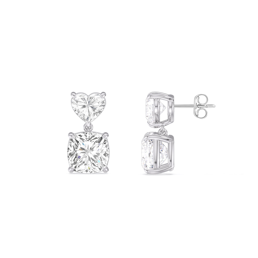 Elegance Heart and Cushion Drop Studs with 18KT White Gold / Lab / 2 Cut Diamond in 14KT White Gold / Lab / 2 view 3
