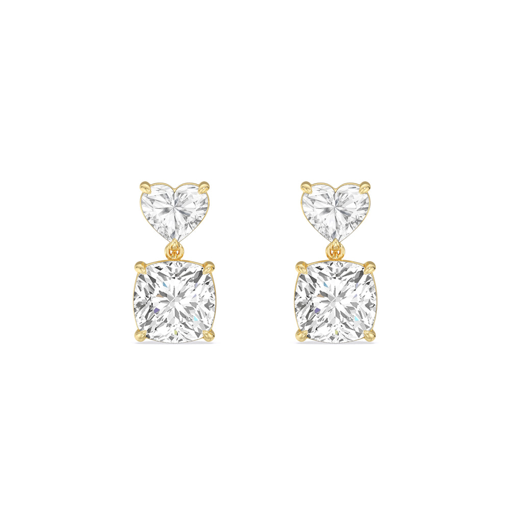 Elegance Heart and Cushion Drop Studs with 18KT Yellow Gold / Lab / 2 Cut Diamond in 14KT Yellow Gold / Lab / 2 view 2
