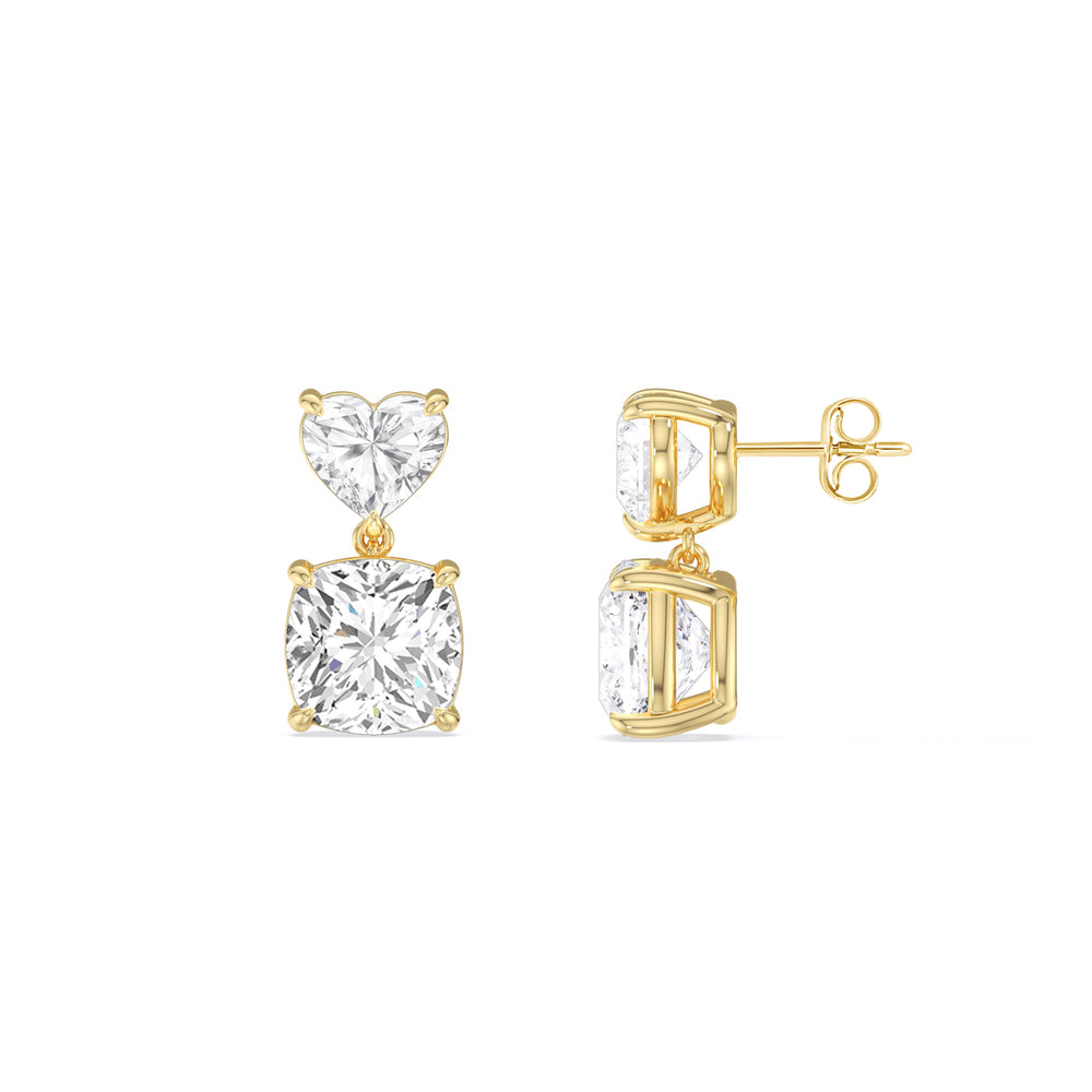 Elegance Heart and Cushion Drop Studs with 18KT Yellow Gold / Lab / 2 Cut Diamond in 14KT Yellow Gold / Lab / 2 view 3
