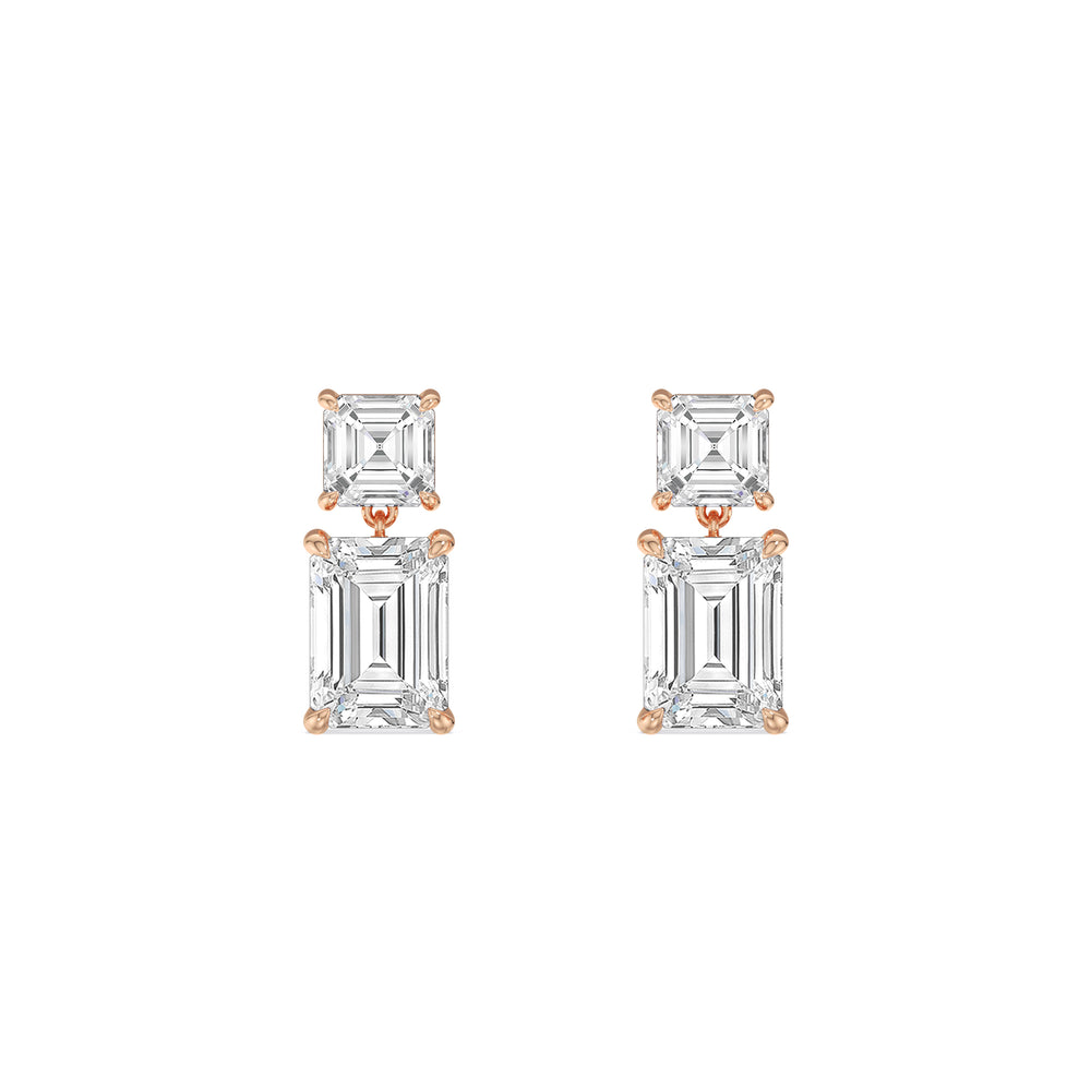 Elegance Asscher and Emerald Drop Studs with 18KT Rose Gold / Lab / 2 Cut Diamond in 14KT Rose Gold / Lab / 2 view 2
