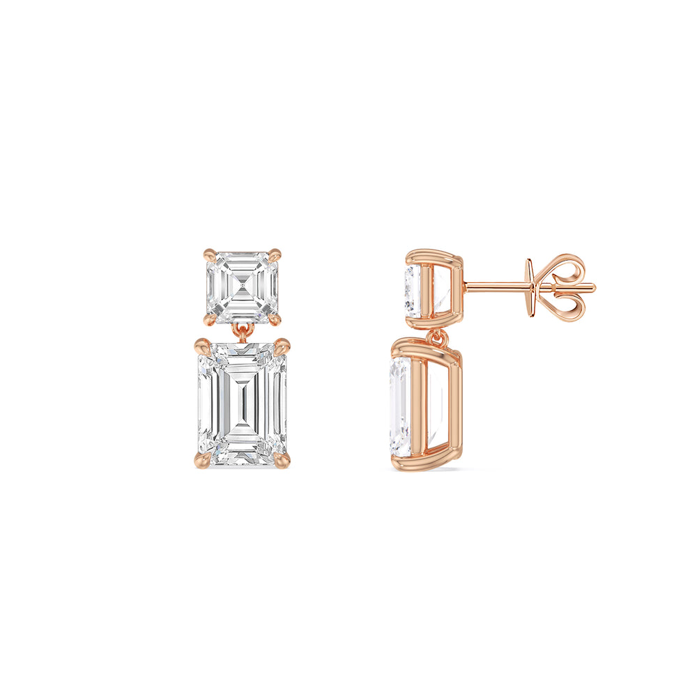 Elegance Asscher and Emerald Drop Studs with 18KT Rose Gold / Lab / 2 Cut Diamond in 14KT Rose Gold / Lab / 2 view 3
