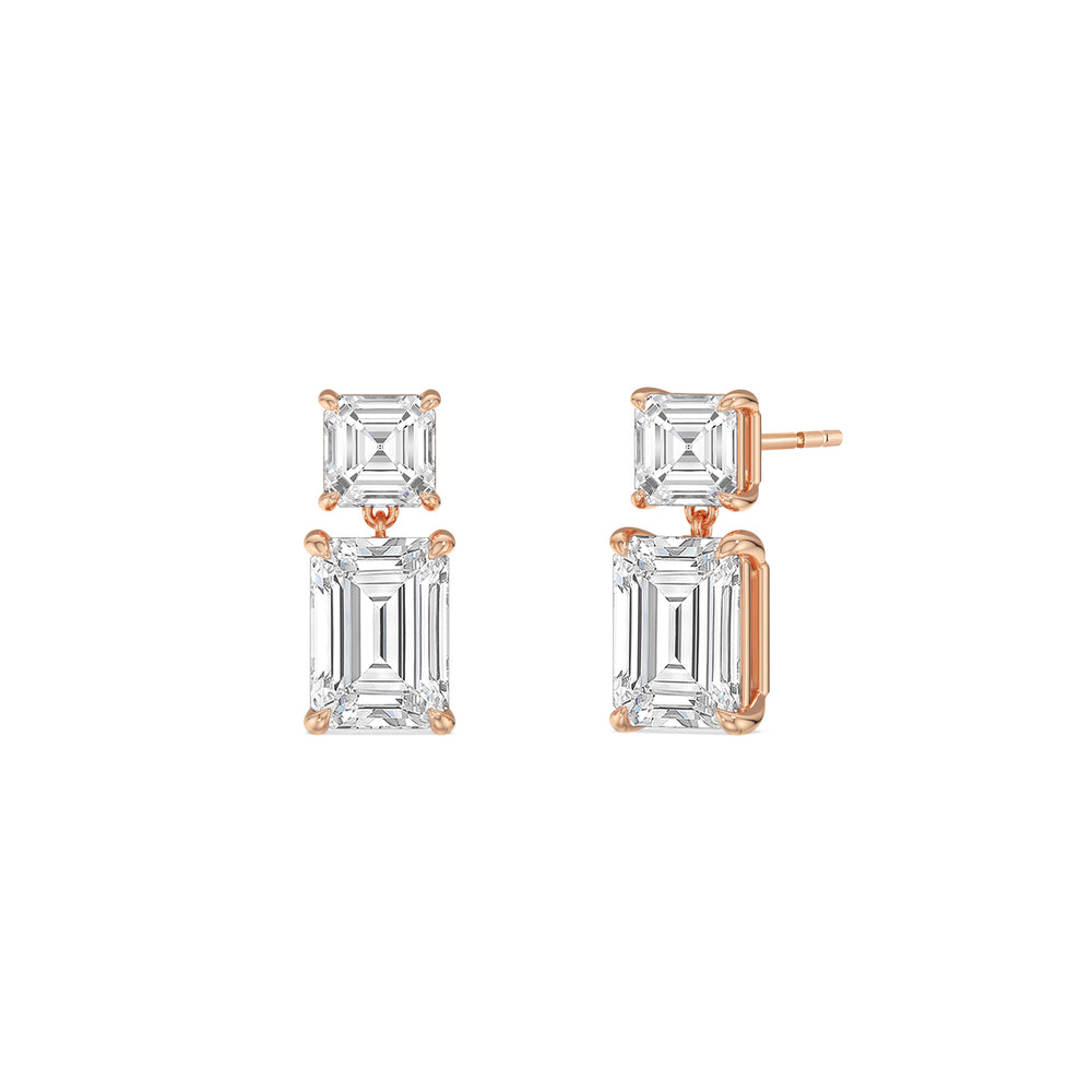 Elegance Asscher and Emerald Drop Studs with 18KT Rose Gold / Lab / 2 Cut Diamond in 14KT Rose Gold / Lab / 2 view 1
