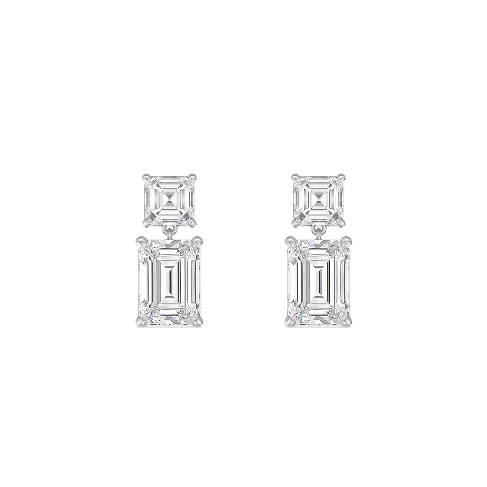 Elegance Asscher and Emerald Drop Studs with 18KT White Gold / Lab / 2 Cut Diamond in 14KT White Gold / Lab / 2 view 2

