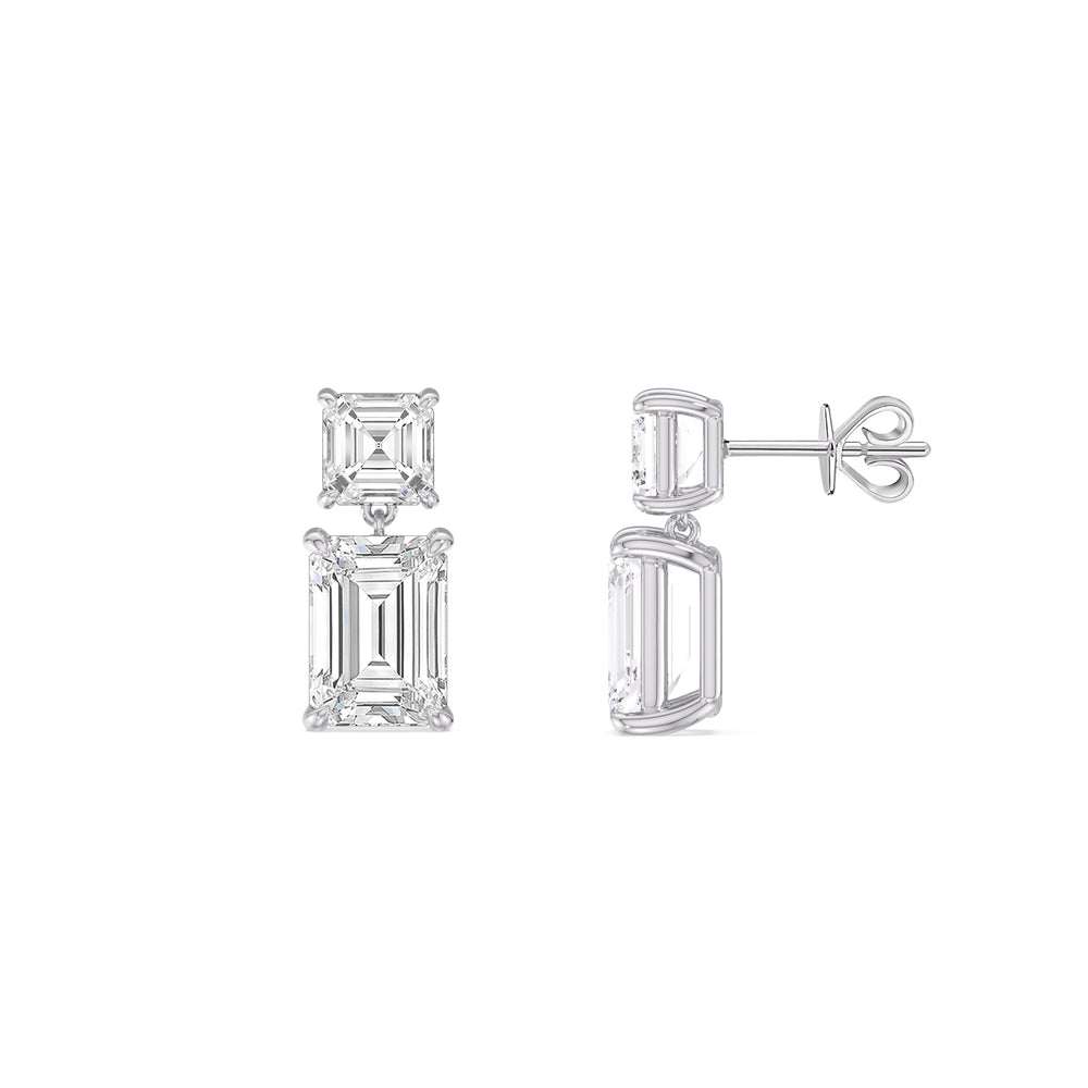 Elegance Asscher and Emerald Drop Studs with 18KT White Gold / Lab / 2 Cut Diamond in 14KT White Gold / Lab / 2 view 3
