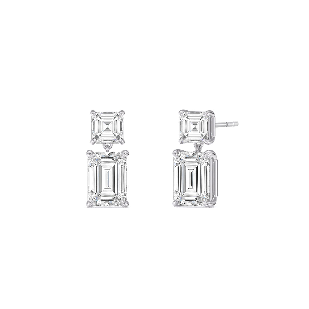 Elegance Asscher and Emerald Drop Studs with 18KT White Gold / Lab / 2 Cut Diamond in 14KT White Gold / Lab / 2 view 1
