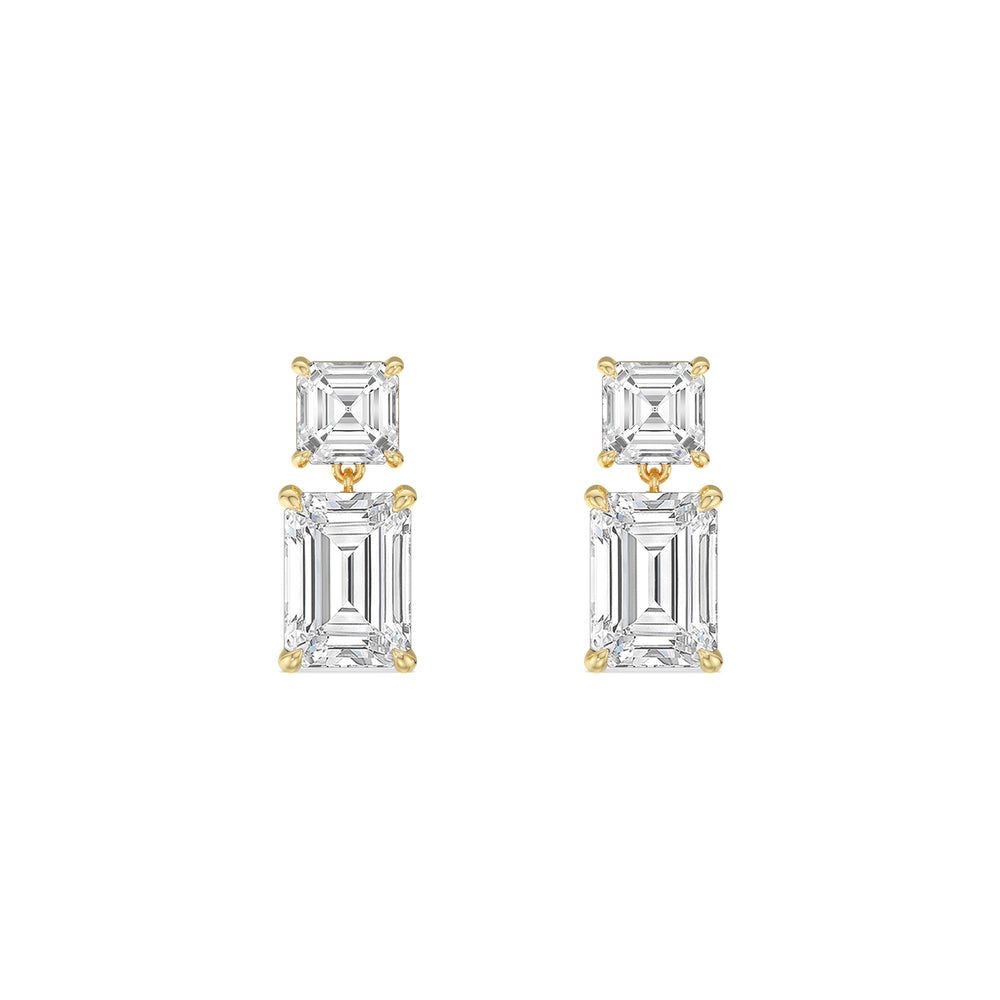 Elegance Asscher and Emerald Drop Studs with 18KT Yellow Gold / Lab / 2 Cut Diamond in 14KT Yellow Gold / Lab / 2 view 2
