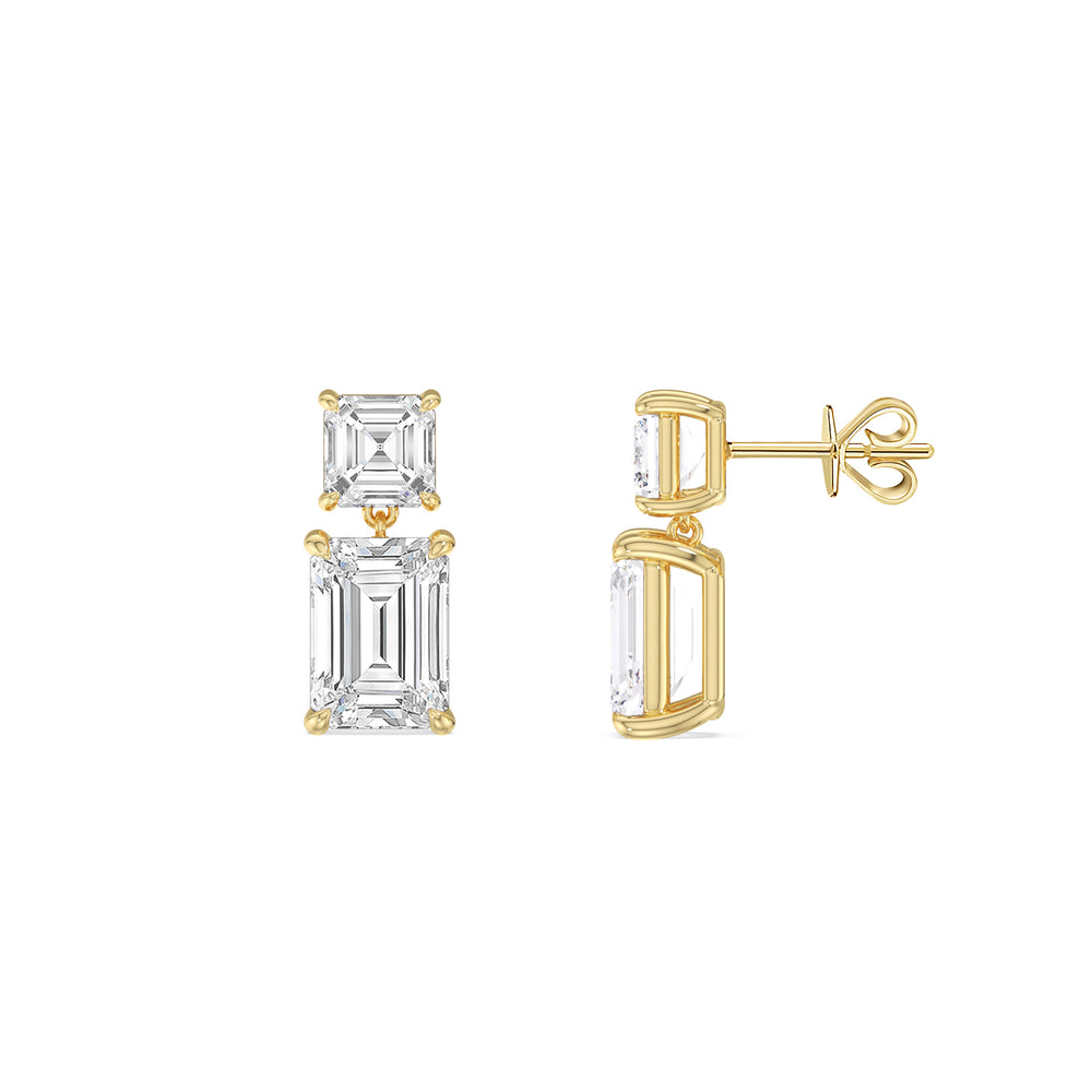 Elegance Asscher and Emerald Drop Studs with 18KT Yellow Gold / Lab / 2 Cut Diamond in 14KT Yellow Gold / Lab / 2 view 3
