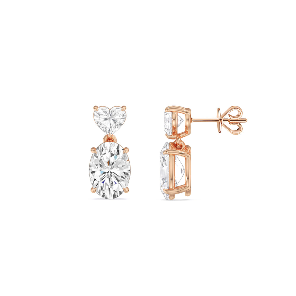 Elegance Heart and Oval Drop Studs with 18KT Rose Gold / Lab / 2 Cut Diamond in 14KT Rose Gold / Lab / 2 view 3

