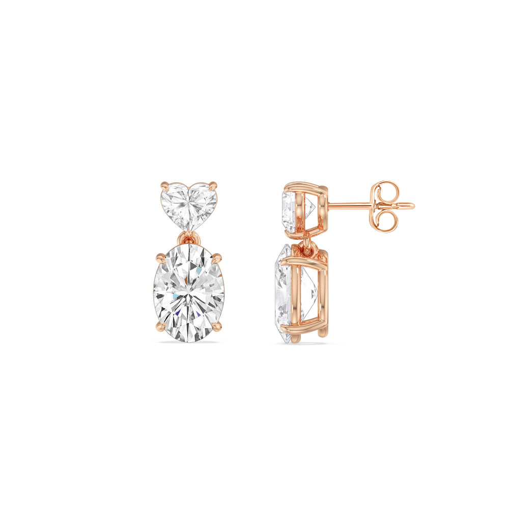Elegance Heart and Oval Drop Studs with 18KT Rose Gold / Lab / 2 Cut Diamond in 14KT Rose Gold / Lab / 2 view 3
