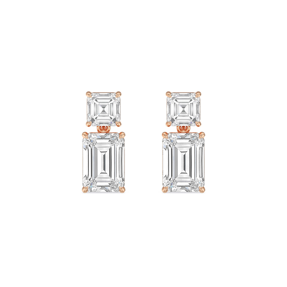 Elegance Asscher and Emerald Drop Studs with 18KT Rose Gold / Lab / 4 Cut Diamond in 14KT Rose Gold / Lab / 4 view 2
