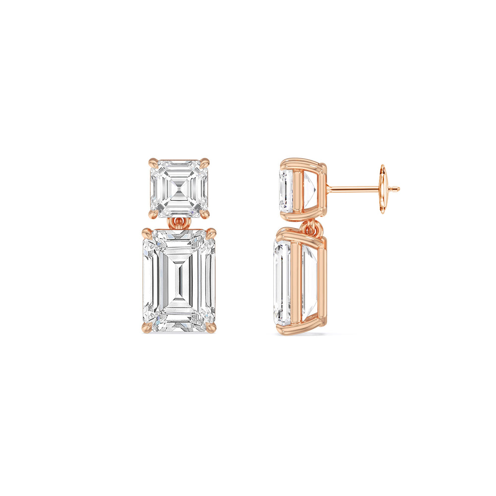 Elegance Asscher and Emerald Drop Studs with 18KT Rose Gold / Lab / 4 Cut Diamond in 14KT Rose Gold / Lab / 4 view 3
