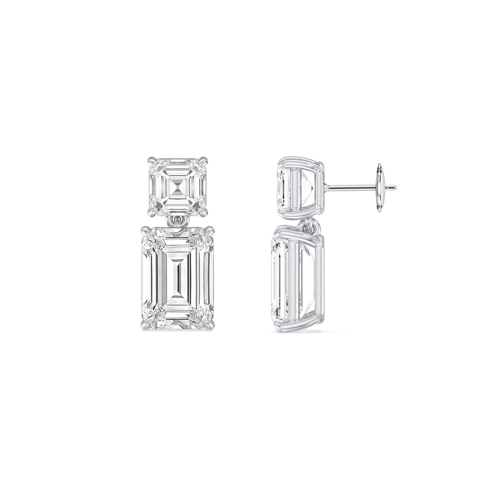 Elegance Asscher and Emerald Drop Studs with 18KT White Gold / Lab / 4 Cut Diamond in 14KT White Gold / Lab / 4 view 3
