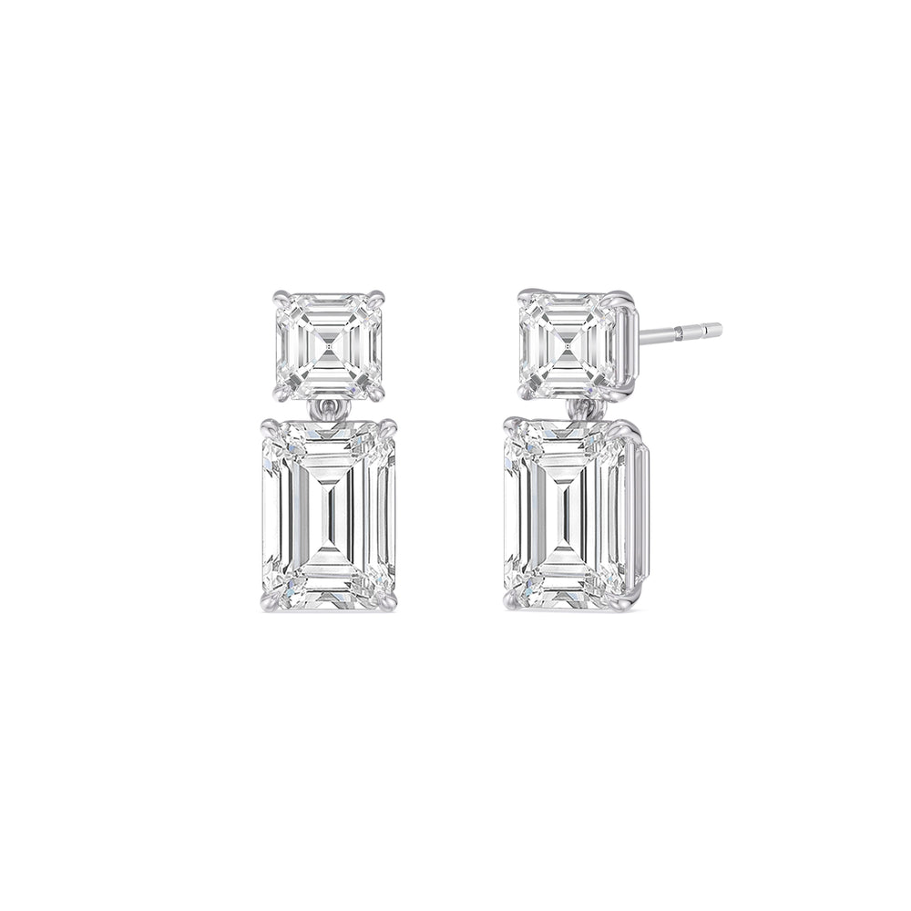 Elegance Asscher and Emerald Drop Studs with 18KT White Gold / Lab / 4 Cut Diamond in 14KT White Gold / Lab / 4 view 1
