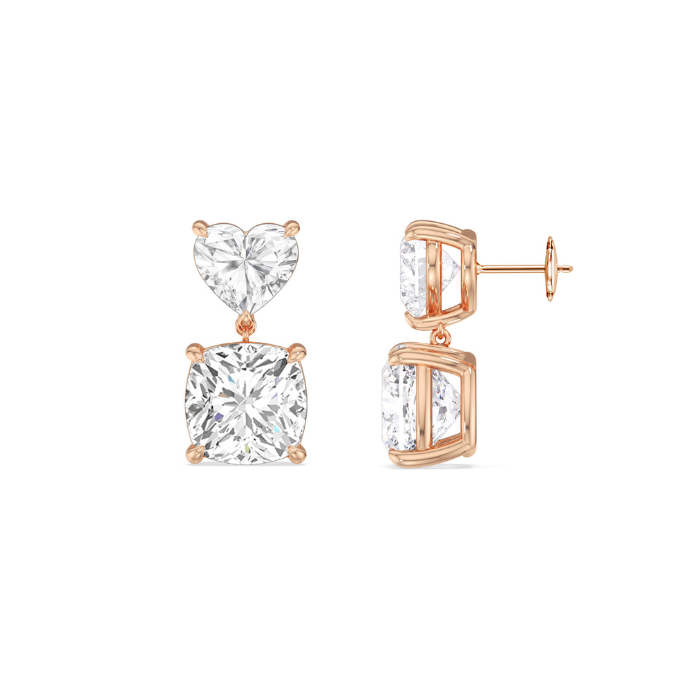 Elegance Heart and Cushion Drop Studs with 18KT Rose Gold / Lab / 4 Cut Diamond in 14KT Rose Gold / Lab / 4 view 3

