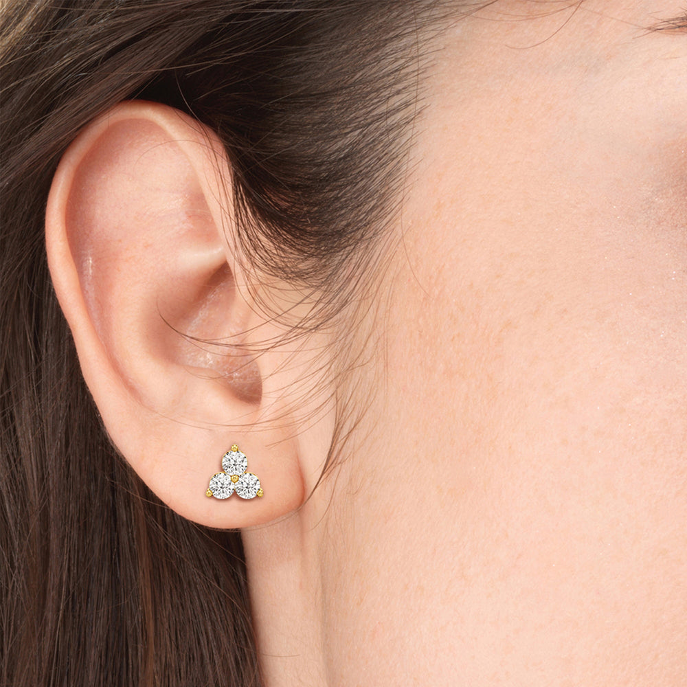 Classic Three Stone Cluster Diamond Earrings with 14KT Yellow Gold / Lab / 1 Cut Diamond in 14KT Yellow Gold / Lab / 1 view 3
