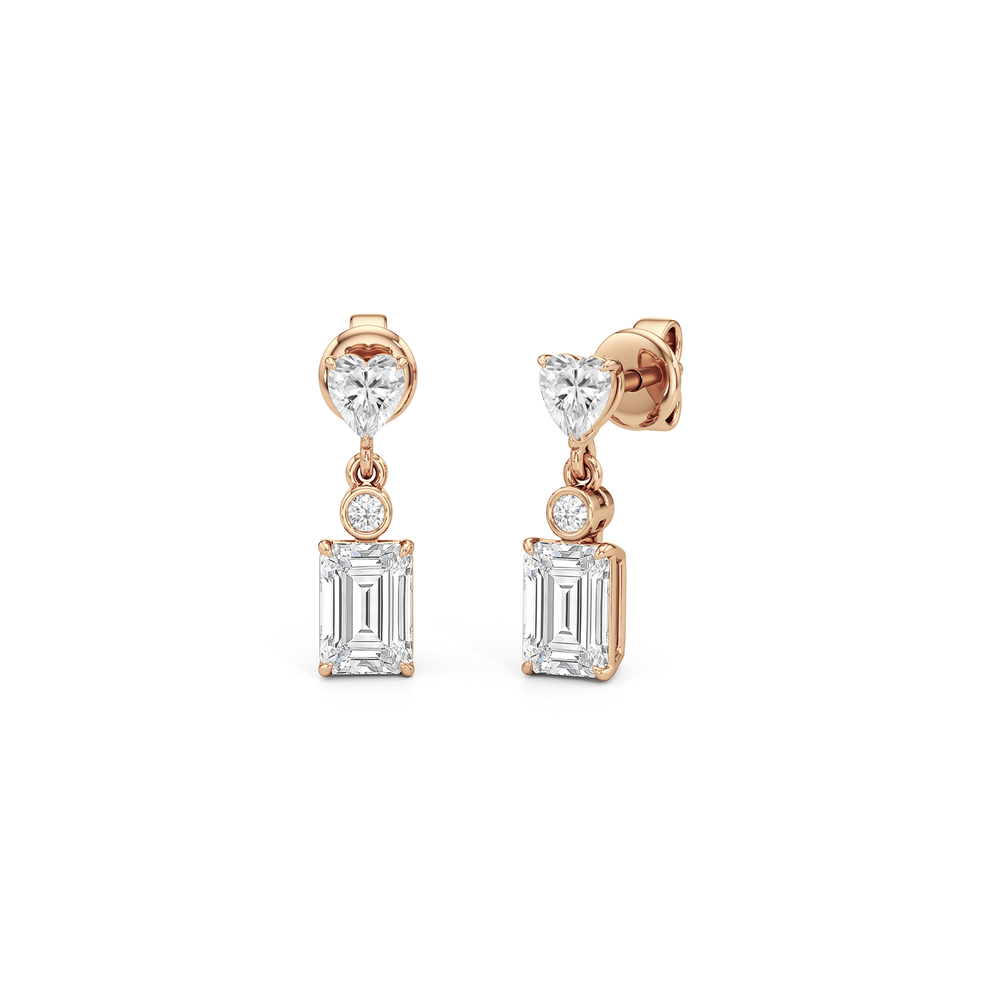 Heart Shape with Emerald Drop Earrings with 14KT Rose Gold / Lab / 2 Cut Diamond in 14KT Rose Gold / Lab / 2 view 1

