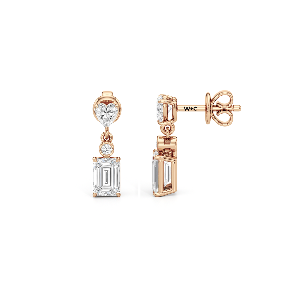 Heart Shape with Emerald Drop Earrings with 14KT Rose Gold / Lab / 2 Cut Diamond in 14KT Rose Gold / Lab / 2 view 6
