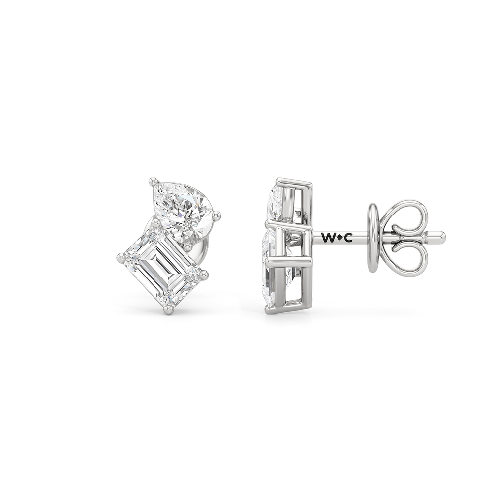 Toi et Moi Pear Emerald Studs with 14KT White Gold / Lab / 1 Cut Diamond in 14KT White Gold / Lab / 1 view 6
