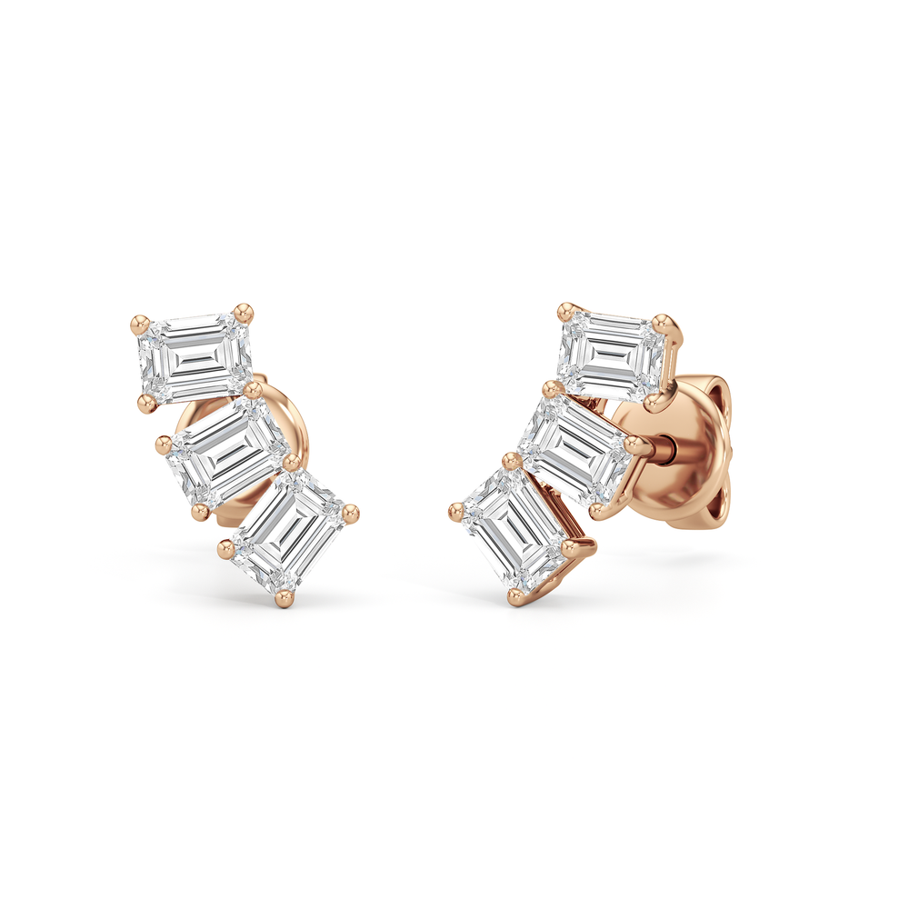 Trilogy Emerald Cut Climber Earrings with 14KT Rose Gold / 1 Cut Diamond in 14KT Rose Gold / 1 view 1
