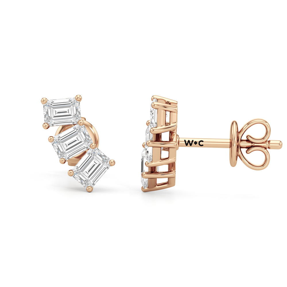 Trilogy Emerald Cut Climber Earrings with 14KT Rose Gold / 1 Cut Diamond in 14KT Rose Gold / 1 view 6
