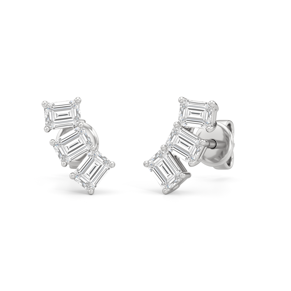 Trilogy Emerald Cut Climber Earrings with 14KT White Gold / 1 Cut Diamond in 14KT White Gold / 1 view 1
