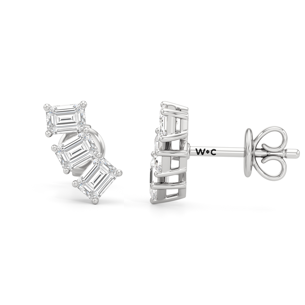 Trilogy Emerald Cut Climber Earrings with 14KT White Gold / 1 Cut Diamond in 14KT White Gold / 1 view 6
