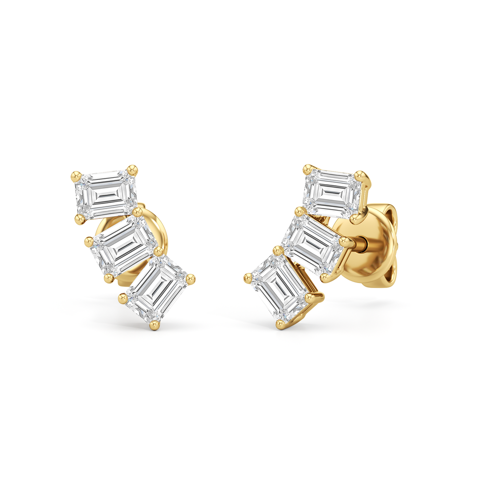 Trilogy Emerald Cut Climber Earrings with 14KT Yellow Gold / 1 Cut Diamond in 14KT Yellow Gold / 1 view 1
