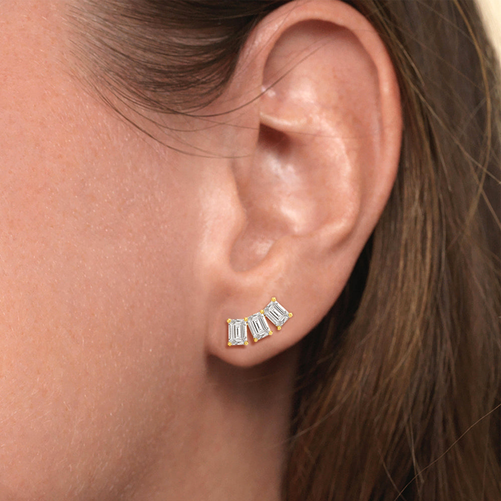 Trilogy Emerald Cut Climber Earrings with 14KT Yellow Gold / 1 Cut Diamond in 14KT Yellow Gold / 1 view 3
