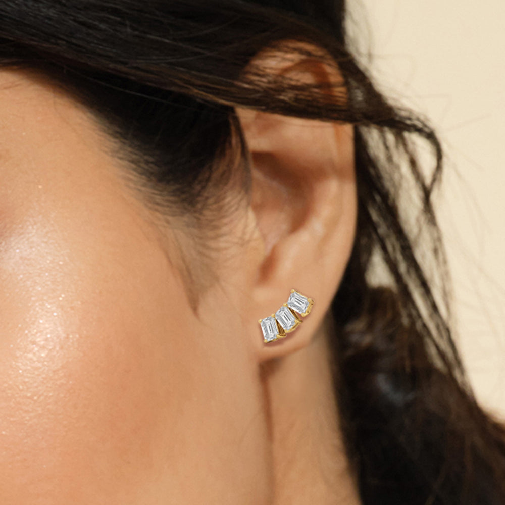 Trilogy Emerald Cut Climber Earrings with 14KT Yellow Gold / 1 Cut Diamond in 14KT Yellow Gold / 1 view 2
