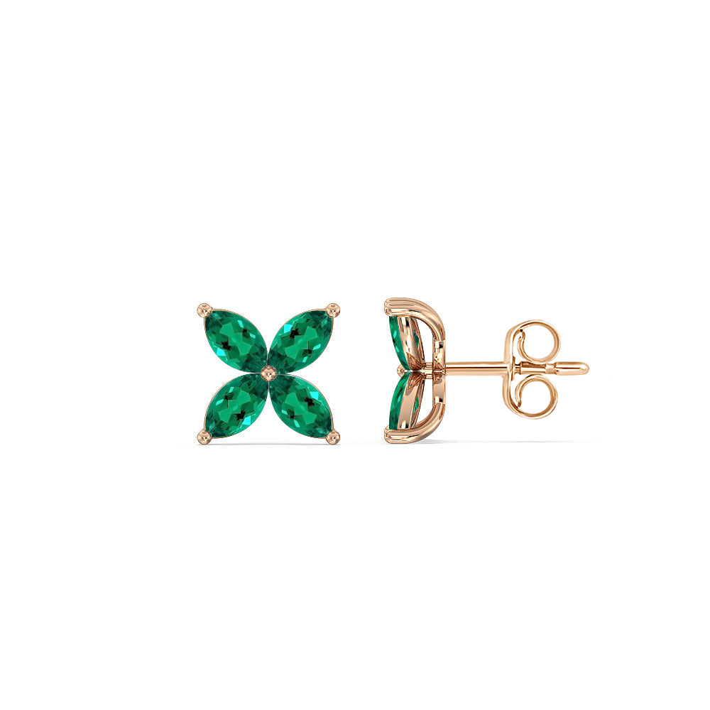Emerald Wildflower Studs with 14KT Rose Gold Cut Diamond in 14KT Rose Gold view 2
