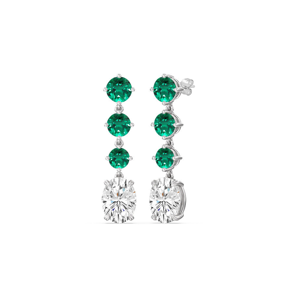 Elegance Oval Diamond and Created Emerald Dangler Earrings with 14KT White Gold Cut Diamond in 14KT White Gold view 1
