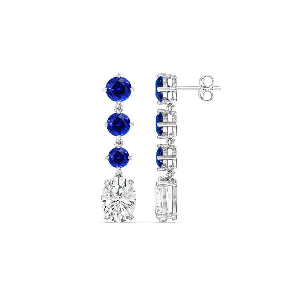 Elegance Oval Diamond and Created Sapphire Dangler Earrings with 14KT White Gold Cut Diamond in 14KT White Gold view 2
