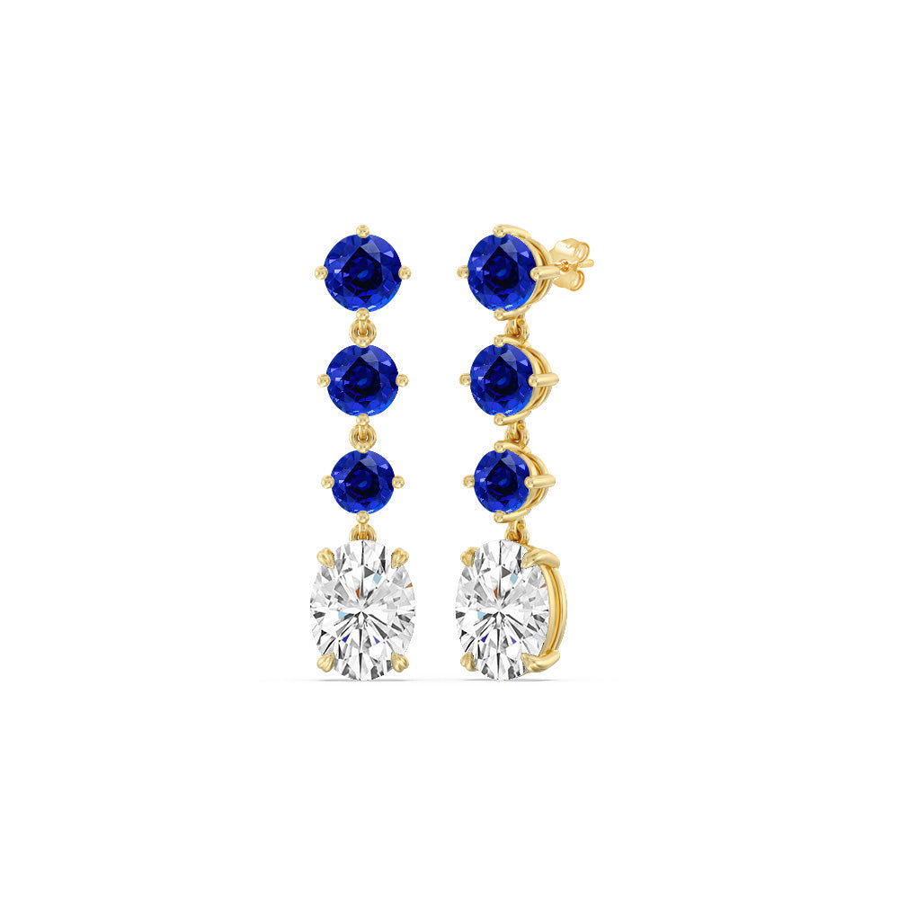 Elegance Oval Diamond and Created Sapphire Dangler Earrings with 14KT Yellow Gold Cut Diamond in 14KT Yellow Gold view 1
