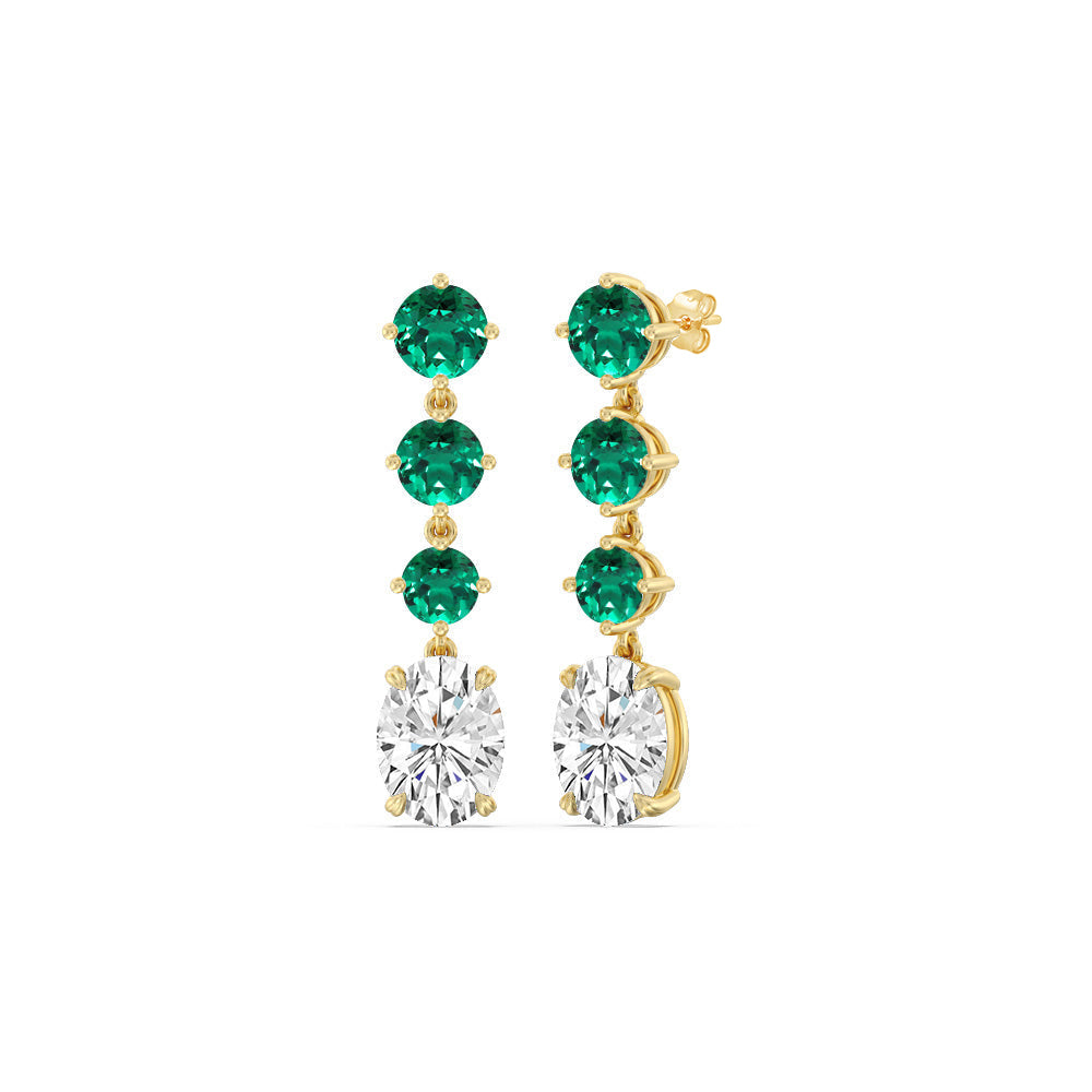 Elegance Oval Diamond and Created Emerald Dangler Earrings with 14KT Yellow Gold Cut Diamond in 14KT Yellow Gold view 1
