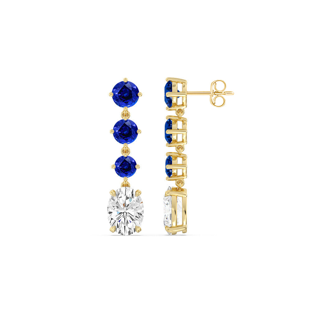 Elegance Oval Diamond and Created Sapphire Dangler Earrings with 14KT Yellow Gold Cut Diamond in 14KT Yellow Gold view 2
