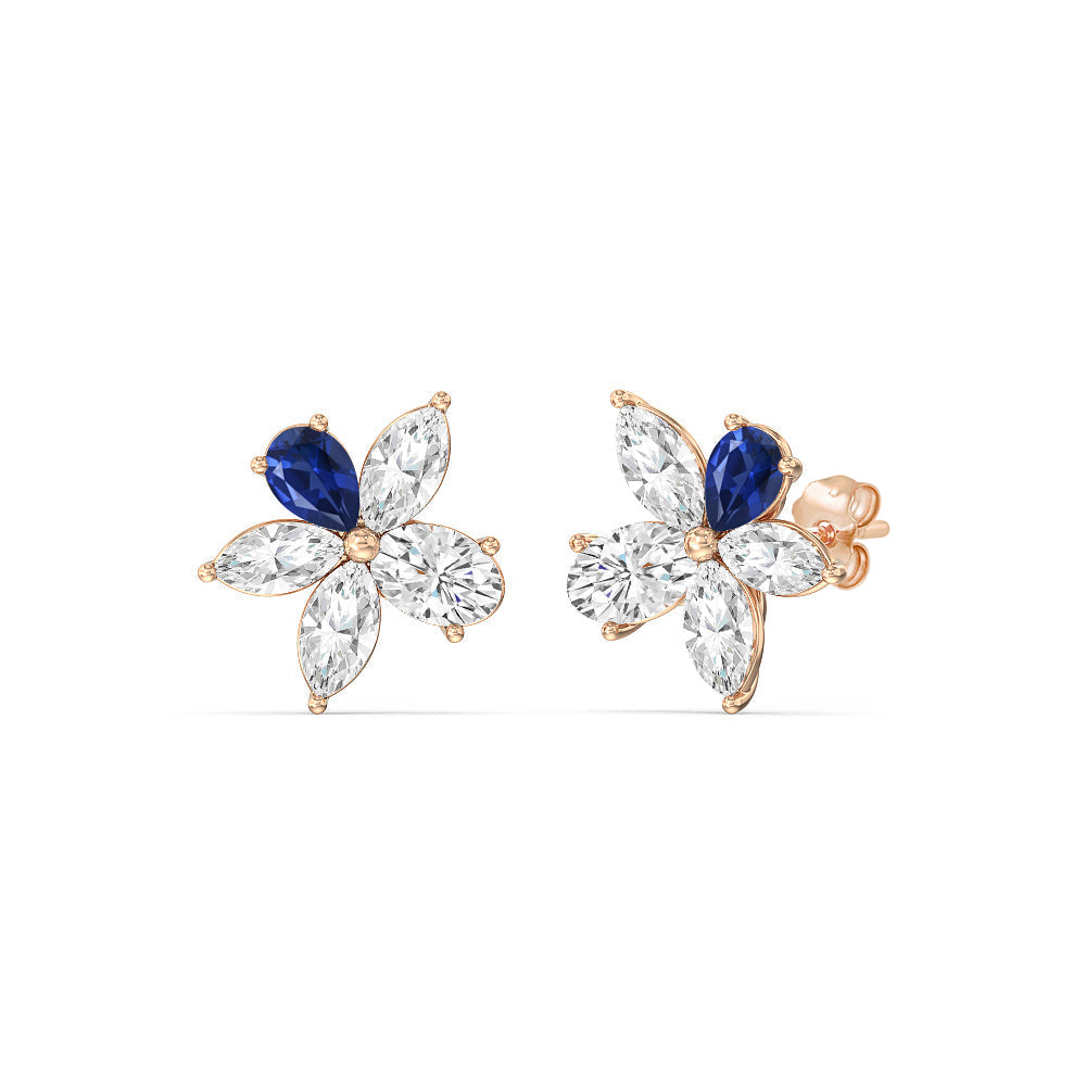 Sapphire Petal Plumeria Studs with 14KT Rose Gold Cut Diamond in 14KT Rose Gold view 1
