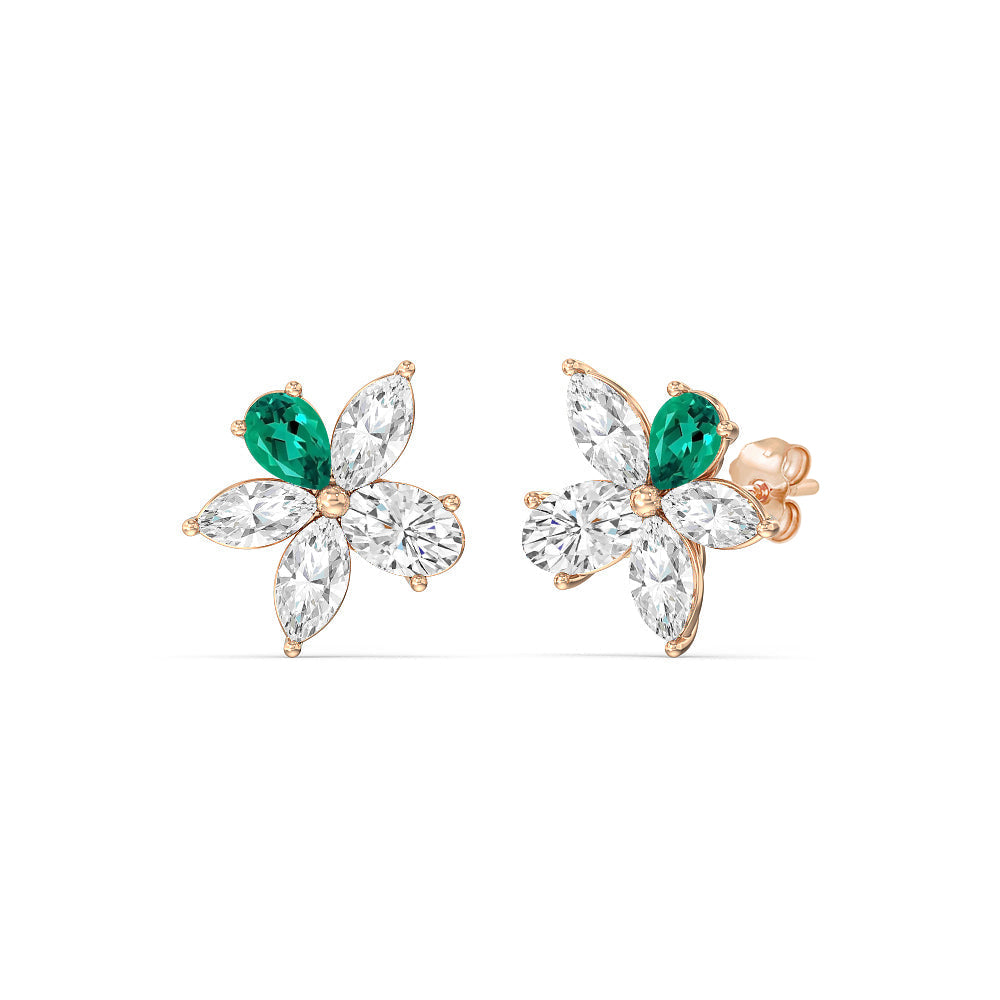 Emerald Petal Plumeria Studs with 14KT Rose Gold Cut Diamond in 14KT Rose Gold view 1
