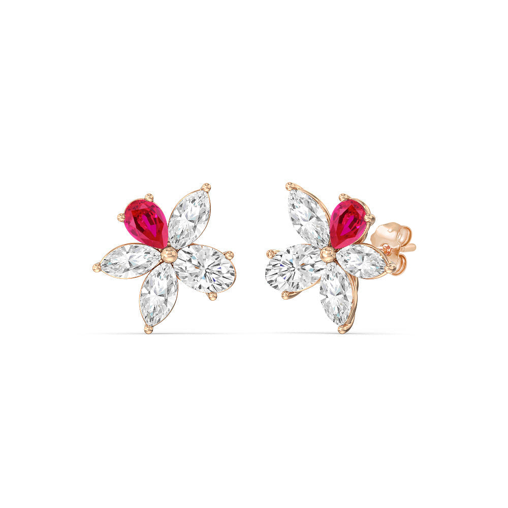 Ruby Petal Plumeria Studs with 14KT Rose Gold Cut Diamond in 14KT Rose Gold view 1
