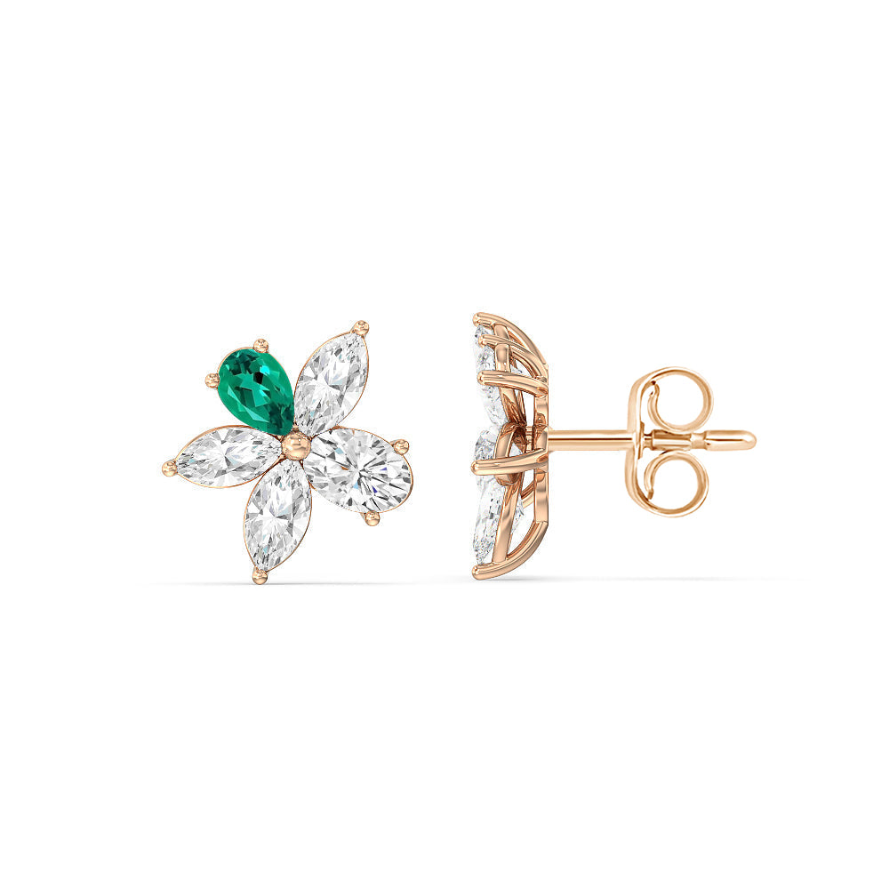 Emerald Petal Plumeria Studs with 14KT Rose Gold Cut Diamond in 14KT Rose Gold view 2
