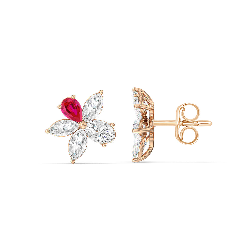 Ruby Petal Plumeria Studs with 14KT Rose Gold Cut Diamond in 14KT Rose Gold view 2
