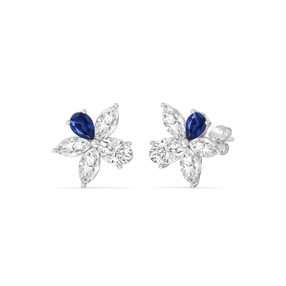 Sapphire Petal Plumeria Studs with 14KT White Gold Cut Diamond in 14KT White Gold view 1
