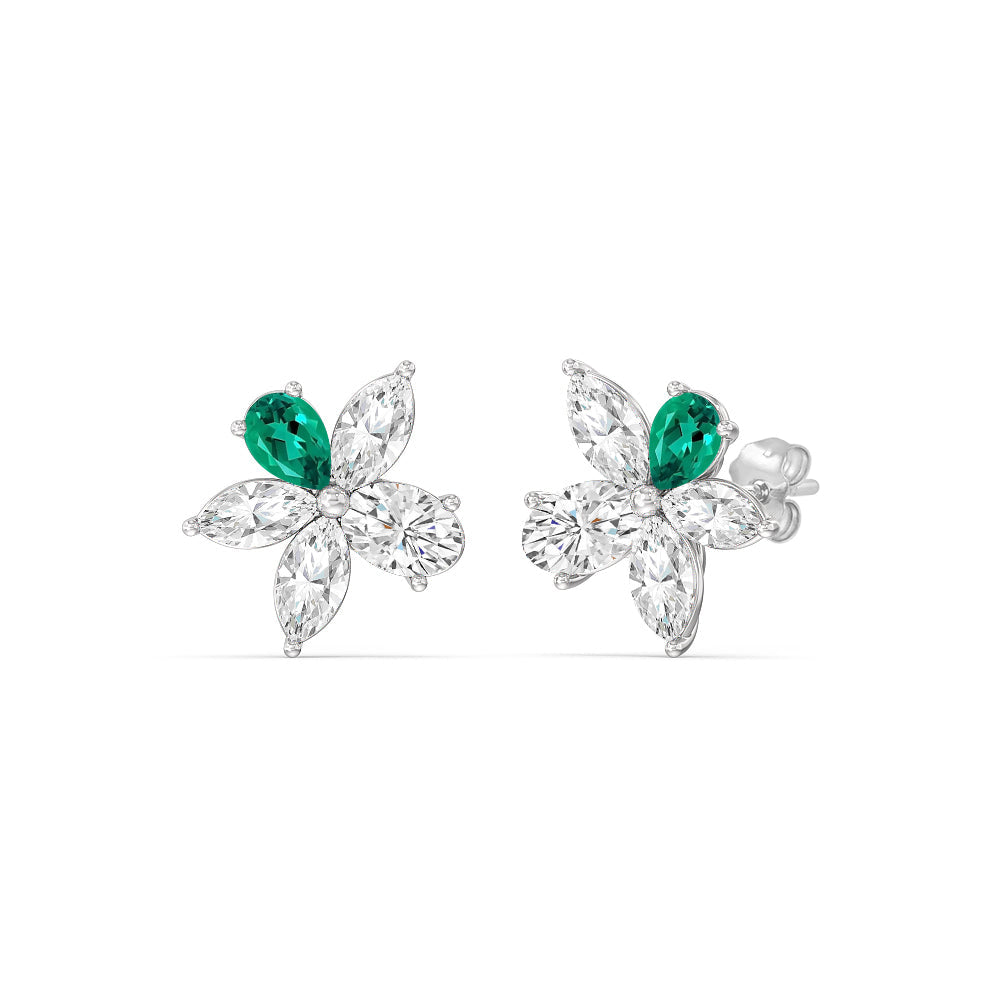 Emerald Petal Plumeria Studs with 14KT White Gold Cut Diamond in 14KT White Gold view 1
