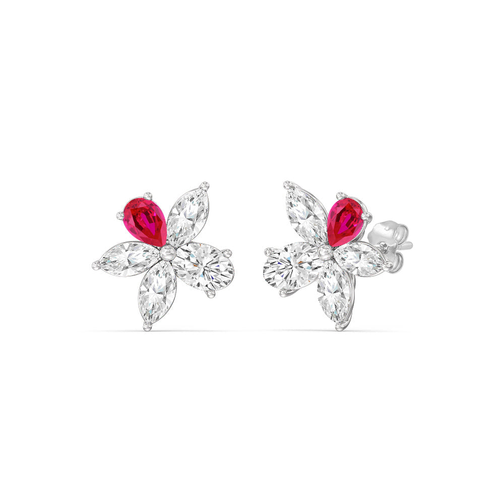 Ruby Petal Plumeria Studs with 14KT White Gold Cut Diamond in 14KT White Gold view 1
